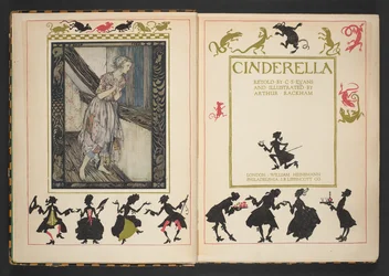 Titelseite und Frontispiz aus Aschenputtel, nacherzählt von C.S. Evans und illustriert von Arthur Rackham