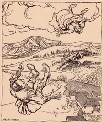 Als ihr Mann sie sah, rief er: Hi! komm zu mir hierher. Illustration von Arthur Rackham aus Grimms Märchen Der junge Riese.