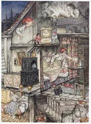 Als die Nacht kam und der Laden geschlossen war. Eine Familie nachts in ihrem Zuhause. Ein Mann liest auf dem Dachboden. Ein Elf schaut durch ein Schlüsselloch. Zwei Personen, die Eltern im Bett. Ein junges Mädchen sitzt auf ihrem Bett.