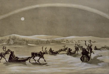 Eine außergewöhnliche Erscheinung der Nordlichter über einer Rentierherde eines Lappen, die den Jerdis Javri überquert, aus Winter Sketches in Lapland, graviert von James Duffield Harding (1798-1863) 1825