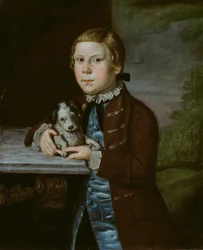 Junge der Hallett-Familie mit Hund