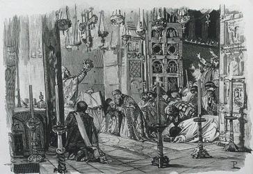 KARL DER GROSSE oder KARL I. (742-814). König der Franken und Langobarden (768-814) und römischer Kaiser (800-814). Krönung Karls des Grossen zum römischen Kaiser (800).