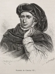 Karl VI. von Frankreich, genannt „der Wohlgeliebte“ (1368-1422). König von Frankreich (1380-1422), Valois-Dynastie. (Stich)
