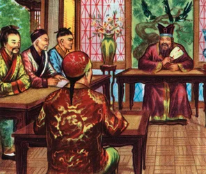 Konfuzius oder Kong Fu Zi mit seinen Schülern