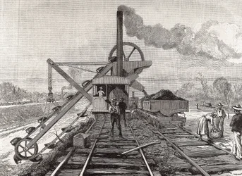Bau des Panamakanals. Baggerarbeiten im Dorf Culebra. Originalzeichnung von Meltor Prior. Bild veröffentlicht in „The Illustrated London News“. Gravur.