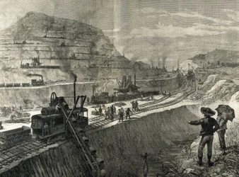 Bau des Panamakanals. Baggerarbeiten im Dorf Culebra. Originalzeichnung von Meltor Prior. Bild veröffentlicht in „The Illustrated London News“. Gravur.