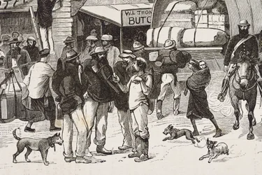 England (19. Jahrhundert). Kolonisation (1880). Das Leben der Goldgräber in Australien. Englische Kolonie Botany Bay (gegründet 1788), die anfangs hauptsächlich von Kriminellen bevölkert war, die zu Goldsuchern und Händlern wurden. Gravur. Private Sammlung