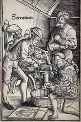 Gersdorff, Hans von (1455 - 1529). Deutscher Chirurg. Amputation eines Beins. Holzschnitt von Hans Wechtlin für das Buch „Feldtbuch der Wundarzney“ (Feldbuch der Chirurgie)