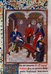 Verhör und Folter. Miniatur des Mittelalters