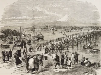 Japan (19. Jahrhundert). Stadt Edo, durchquert vom Toniak-Fluss. (Stich)