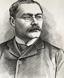 KIPLING, Rudyard (1865-1936). Britischer Schriftsteller, geboren in Indien. Nobelpreis für Literatur 1907. Porträt von Kipling. Gravur.