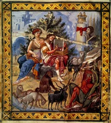 König David (ca. 1000 bis 972 v. Chr.) spielt Leier