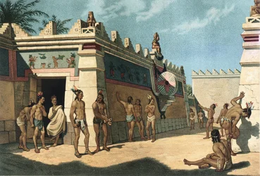 Maya-Zivilisation, mesoamerikanisches Ballspiel, Lithografie