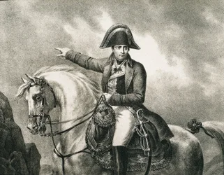 NAPOLEON I Bonaparte (1769-1821). Französischer Militär und Politiker, Kaiser von Frankreich (1804-1815). Detail eines Reiterporträts von Napoleon, inspiriert vom Originalporträt von Joseph Chabord. Gravur