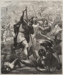 Darstellung von Pelage, dem Erobererkönig von Asturien, triumphierend gegen die Sarazenen, 719, Covadonga, Spanien