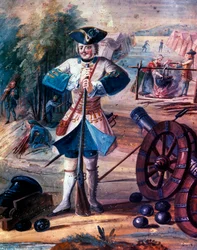 Darstellung eines Infanterie-Grenadiers des Regiments von König Ludwig XV. (1723-1774) um 1740, Detail