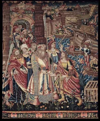 Der portugiesische Navigator Vasco da Gama (1459-1524) kam 1498 in Calicut in Indien an, Detail, Wandteppich