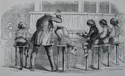 VEREINIGTES KÖNIGREICH. ENGLAND. Industrielle Revolution. Kinder bedienen Maschinen in einer Textilfabrik. Stich.