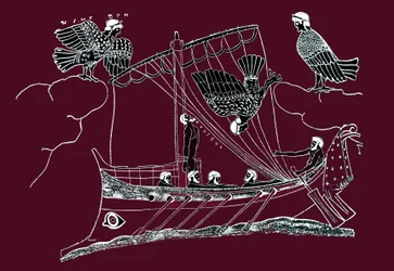 Odysseus und die Meerjungfrauen versuchen, das Schiff der Seeleute anzulocken. Odysseus bindet sich an den Mast seines Bootes und verschließt die Ohren seiner Gefährten. Zeichnung nach einem Gemälde auf einer Vase