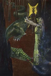 Jason beobachtet, wie Medea den Drachen, der das Goldene Vlies bewacht, einschläfert