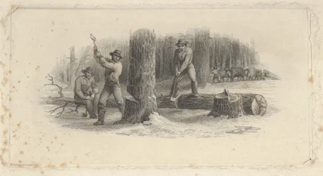 Banknoten-Vignette zeigt Holzfäller, die Bäume in einem verschneiten Wald fällen, ca. 1824-37