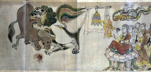 Der Triumph von Sariputra über die Ketzer. Der weise Sariputra beweist die Überlegenheit des Buddhismus, indem er durch ein Wunder einen Löwen zeigt: das Rehkitz verschlingt einen Stier, den ein ketzerischer Magier heraufbeschworen hat