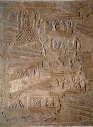 Kunst Mesopotamien (Assyrien): Hof des Palastes des Königs von Assyrien Sargon II. (721 - 705 v. Chr.) Transport von Zedernholz aus dem Libanon. Paris, Musée du Louvre