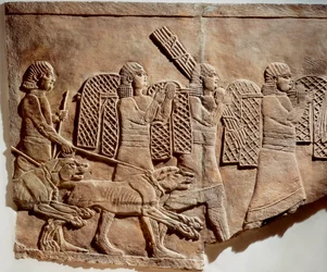 Szene von Ashurbanipal auf der Jagd, aus den Königspalästen von Ninive, um 645 v. Chr. (Steinrelief)