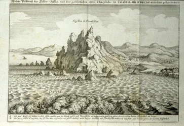Ansicht der Felsen von Charybdis und Scylla in der Straße von Messina, Sizilien. Gravur aus „Mundus Subterraneus“ von Athanasius Kircher (1601-1680), Jesuit, Orientalist und Gelehrter 1682
