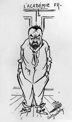 Karikatur des französischen Romanciers Emile Zola (1840-1902) vor der Académie Française