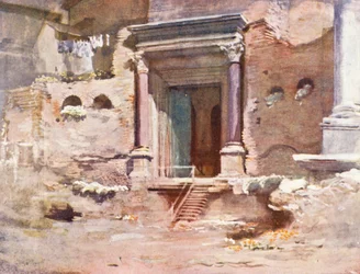 Rom: Die Tür des Tempels des Romulus, Forum (Farblithografie)