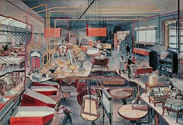 Innenansicht einer modernen städtischen Molkerei, Illustration aus 