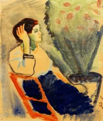 Frau auf rotem Stuhl