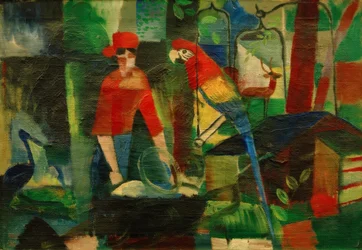 Frau mit Papagei in einer Landschaft