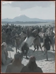 Der Pferdekampf bei Hlidarendi. Illustration zu Njáls Saga, Kap. 59