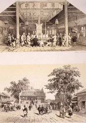 Innenraum des Tempels von Buddha und ein kleiner Platz in den Vororten von Kanton, Tafeln 25 und 26 aus 