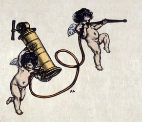 Die Freuden des Klistiers. Zwei Engel tragen eine Pumpe für einen Einlauf. Illustration von Auguste Leroux (1871-1954)