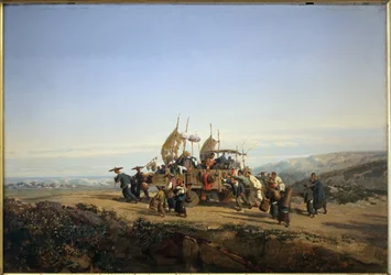 Reisende benutzen einen Wagen mit Segeln und werden von Männern geschossen. Gemälde von Auguste Borget