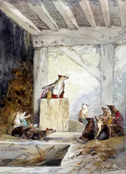 Illustration der Fabel „Der Rat der Ratten“ von Jean de La Fontaine
