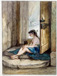Illustration der Fabel „Der Mann, der dem Glück nachläuft, und der Mann, der auf ihn in seinem Bett wartet“ von Jean de La Fontaine. Aquarell von Auguste Delierre (1829-ca.1890)