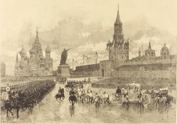Die Krönung des Zaren. Der kaiserliche Zug durchquert den Königlichen Platz, 1883