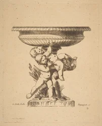 Ornamentales Design von drei Kindern, die einen Brunnen halten