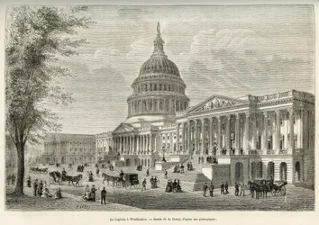 Das Kapitol, Sitz der Legislative, erbaut zwischen 1793 und 1830, in Washington (District of Columbia), der Hauptstadt der Vereinigten Staaten. Gravur nach der Zeichnung von A. Deroy, zur Illustration der Geschichte La conquête blanche, von William Hepwor
