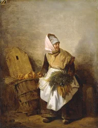 Eine Bäuerin mit Gemüse und Brot