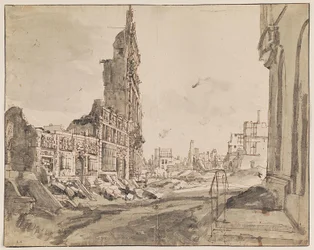 Blick auf die nordöstlichen und nordwestlichen Ecken des Grand Place nach dem Bombardement von 1695