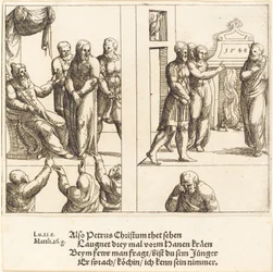 Christus vor Kaiphas und Petrus verleugnet Christus