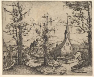 Landschaft mit vier Bäumen und einer Kirche rechts, 1545