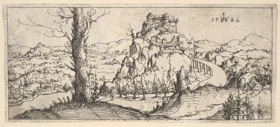 Landschaft mit hohen Felsen und Festungen, 1546
