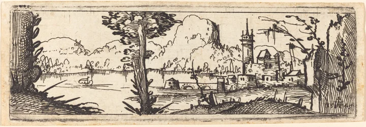 Landschaft mit See und Stadt