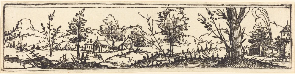 Landschaft mit sechs einzelnen Bäumen und drei kleinen Bauernhäusern